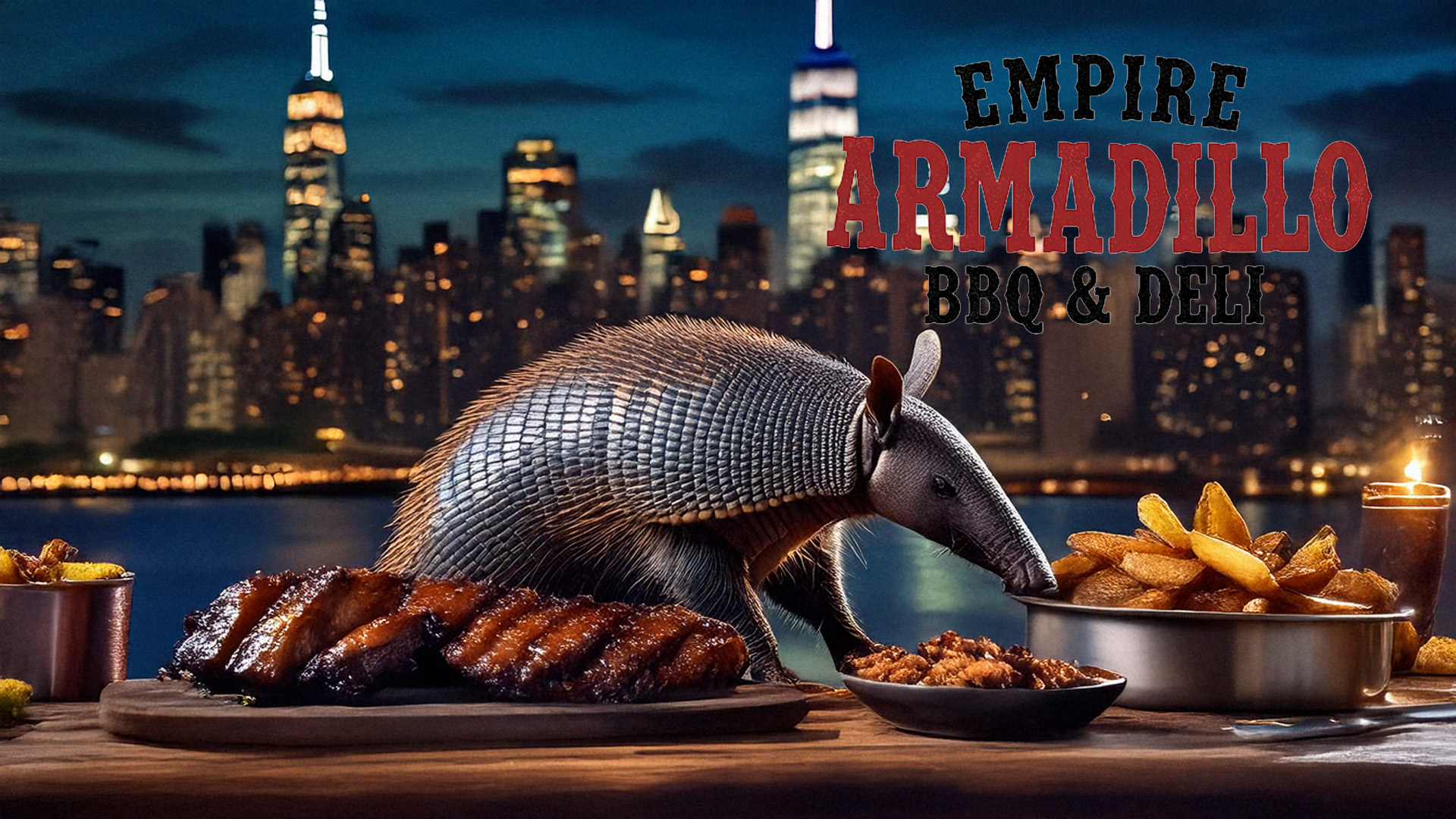 An Armadillo in front of a New York skyline